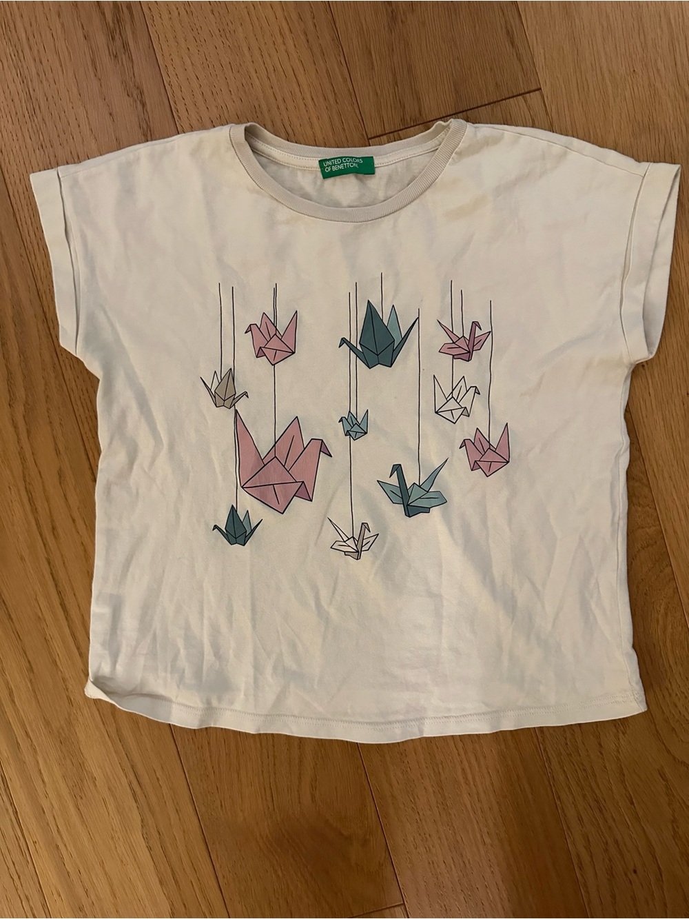 United Colors Of Benetton White Tee with Pink and Teal Origami Cranes